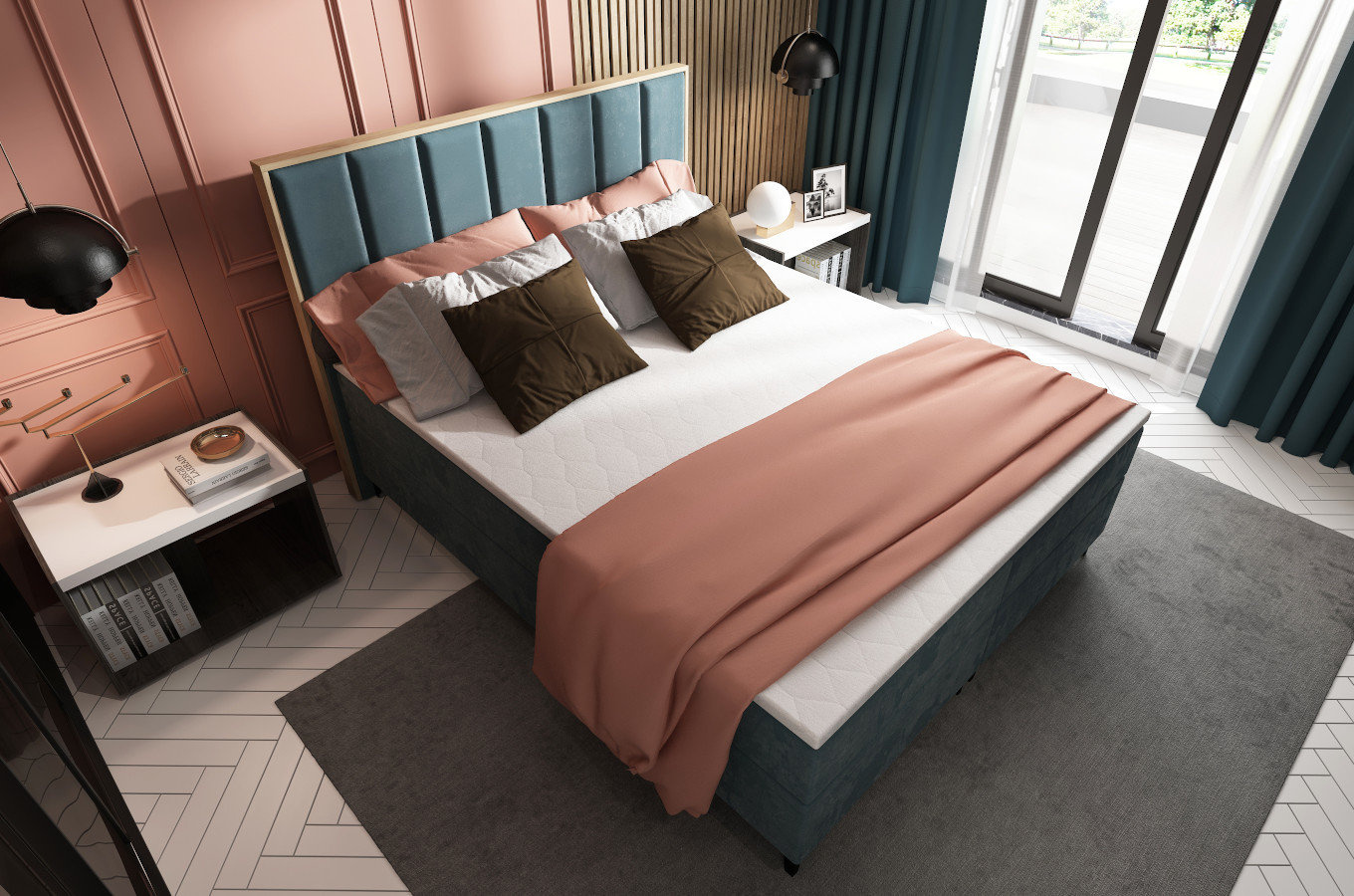 Tapicerowane łóżko kontynentalne LONDON z zagłówkiem z pionowymi przeszyciami i elementami drewna