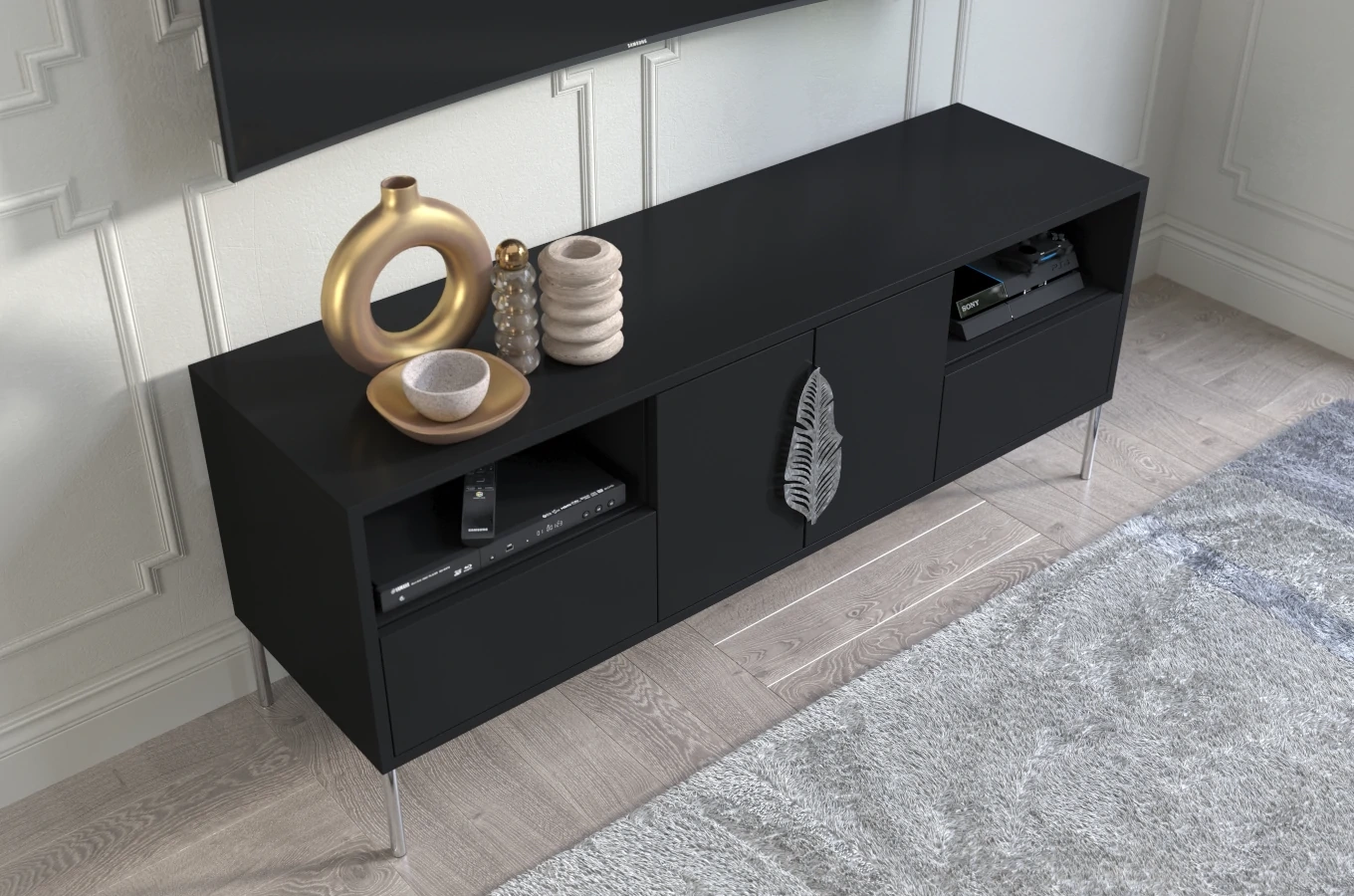 Czarna komoda RTV Skandica MERLIN ze srebrnymi dodatkami / szer. 138 cm