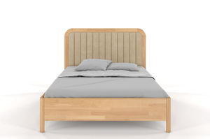 Tapicerowane łóżko drewniane bukowe Visby MODENA BC z wysokim zagłówkiem / 140x200 cm, kolor naturalny, zagłówek Casablanca 2302 (skrzynia na pościel)