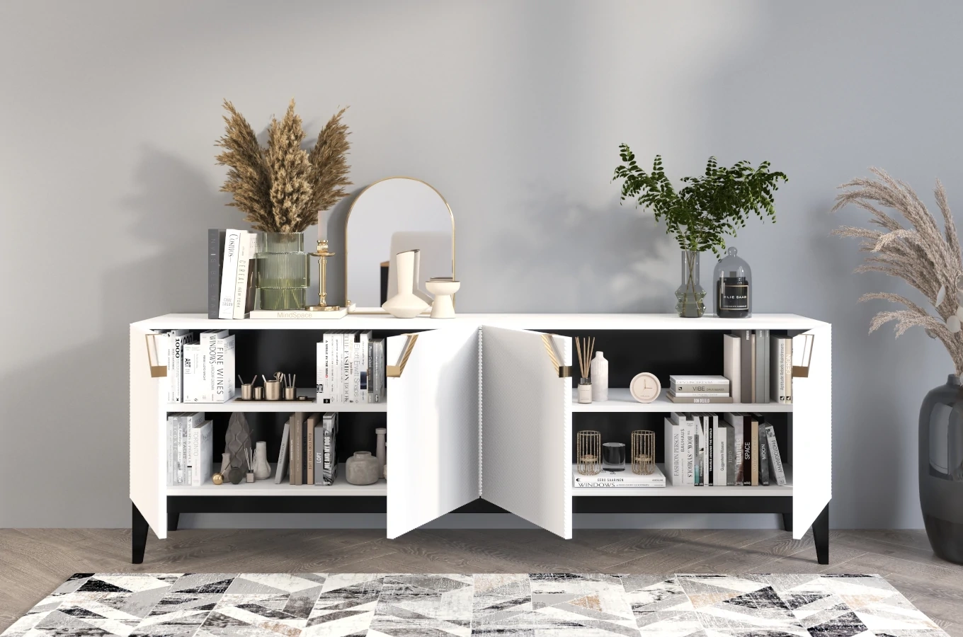 Drewniana komoda Visby DEMI LONG / kolor biały + czarne nogi / szer. 201,5 cm