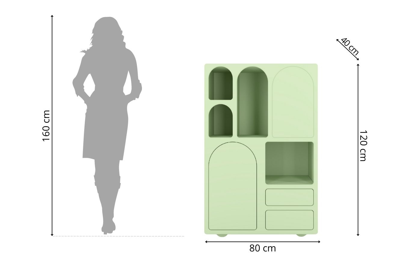 Drewniana komoda z łukami Visby OLIMPIA HIGH / kolor pudrowa zieleń / szer. 80 cm