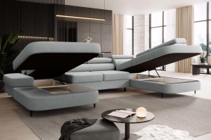 Nowoczesny narożnik TANZANIT U z funkcją spania i pojemnikiem na pościel