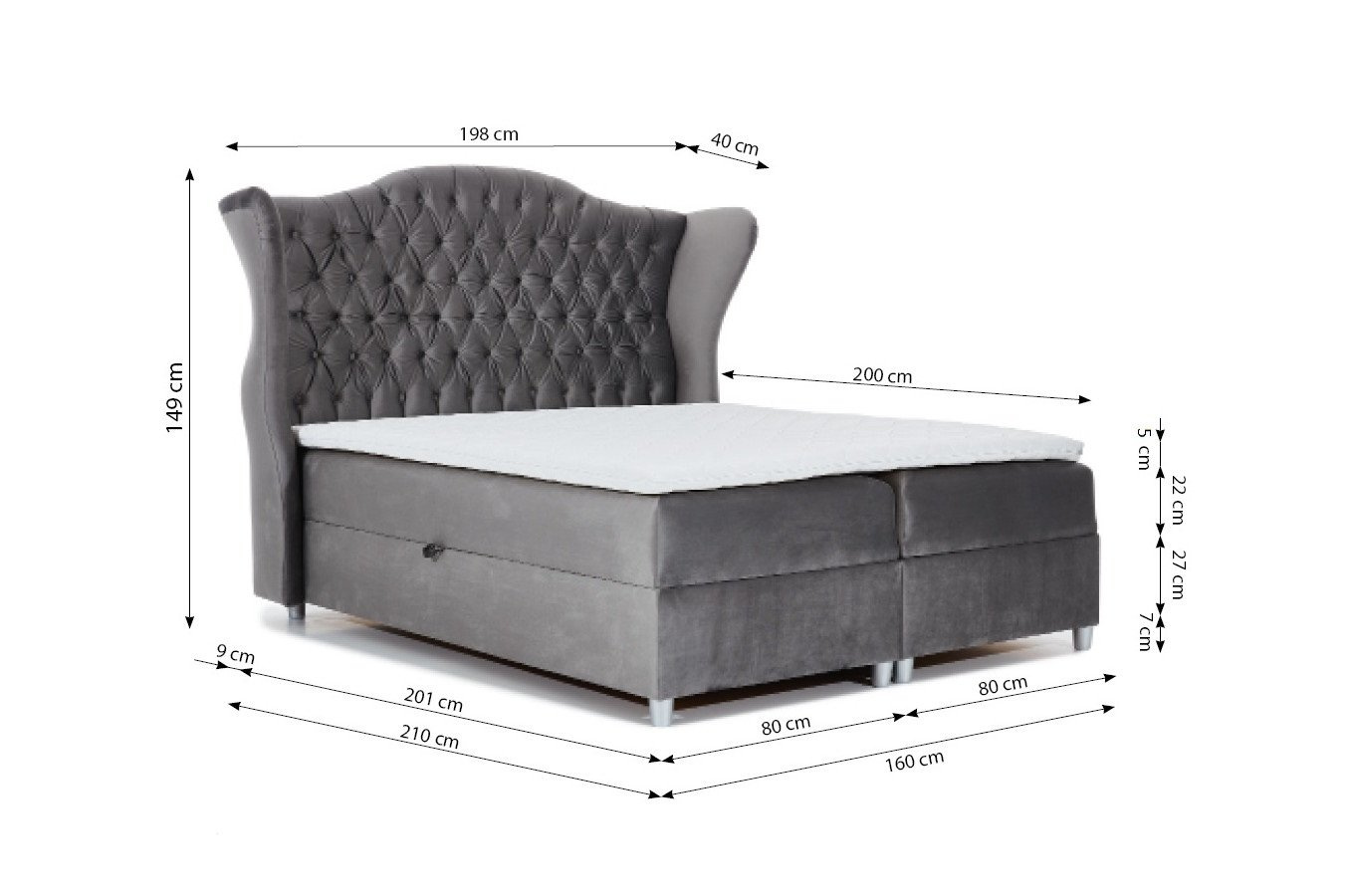 Eleganckie tapicerowane łóżko kontynentalne VASTO z pikowaniem chesterfield na zagłówku