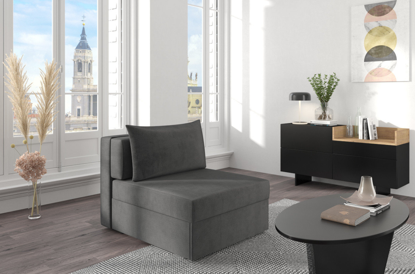 Nowoczesna rozkładana sofa Dancan OLGA z funkcją spania i pojemnikiem na pościel / 4 szerokości + 5 kolorów do wyboru!