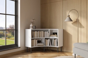 Nowoczesny narożny niski regał na książki Skandica HORN z czarnymi nogami / biały / szer. 100 cm