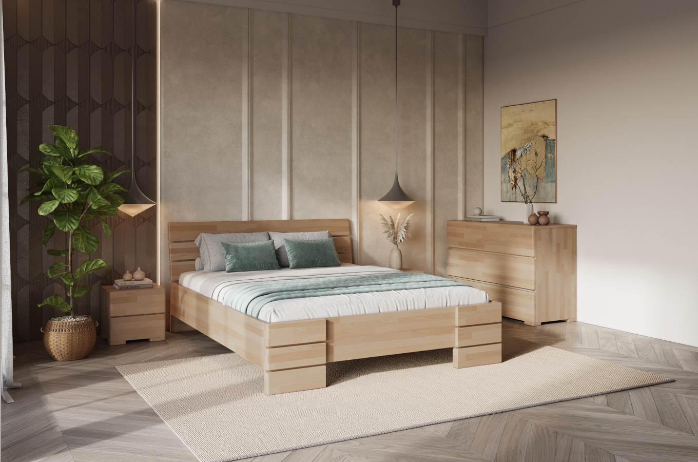 Łóżko drewniane bukowe Visby Sandemo High & LONG (długość + 20 cm) / 160x220 cm, kolor naturalny