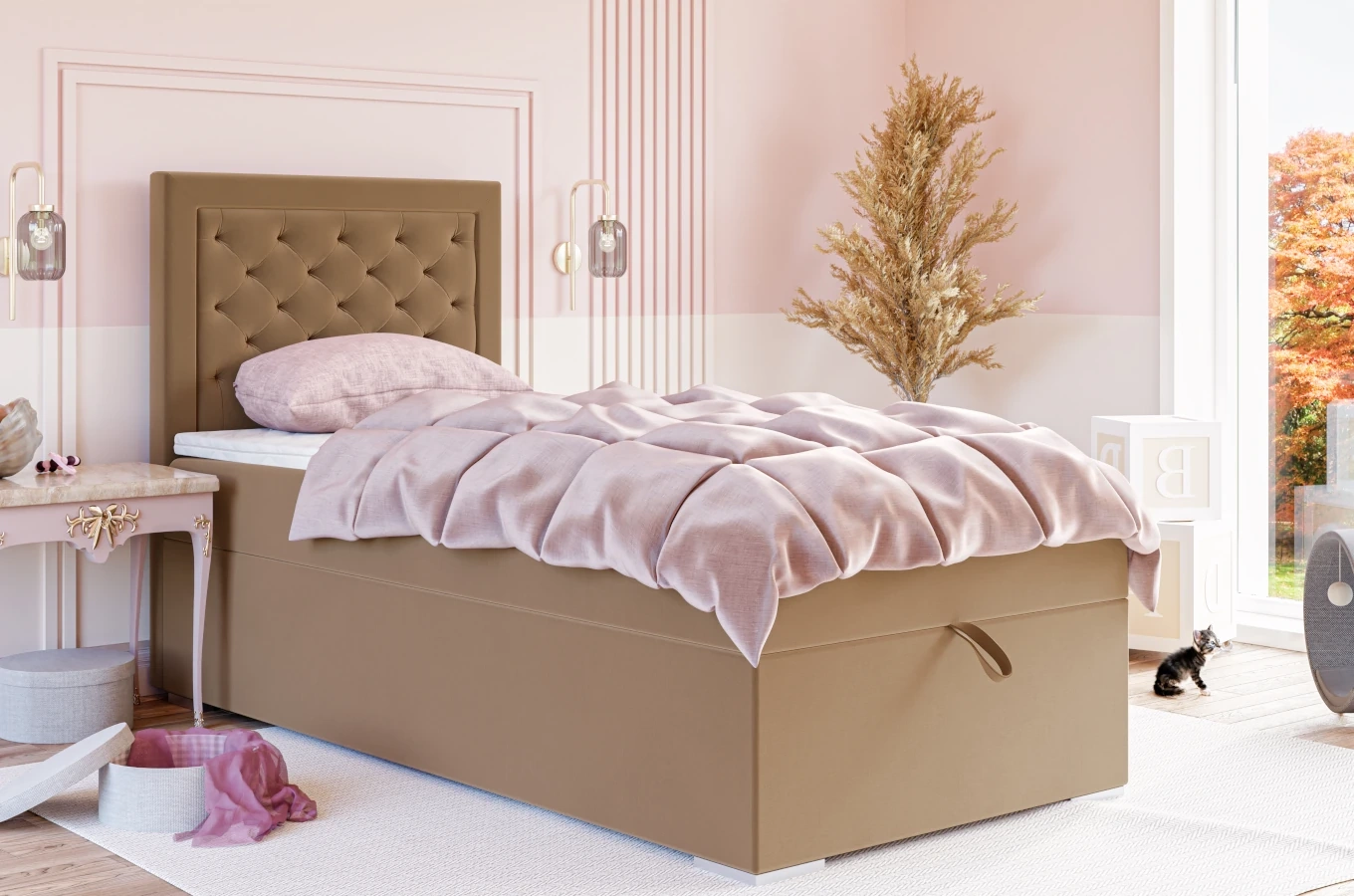 Eleganckie tapicerowane łóżko kontynentalne do sypialni ALESSIO z pojemnikiem na pościel