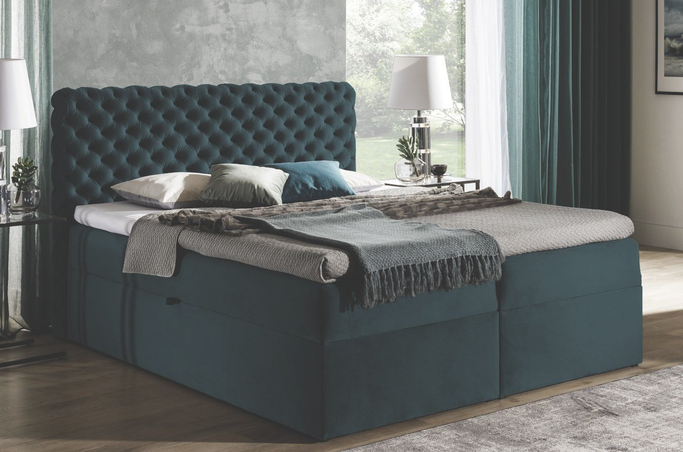 Tapicerowane łóżko kontynentalne GROSSETO z pikowaniem Chesterfield