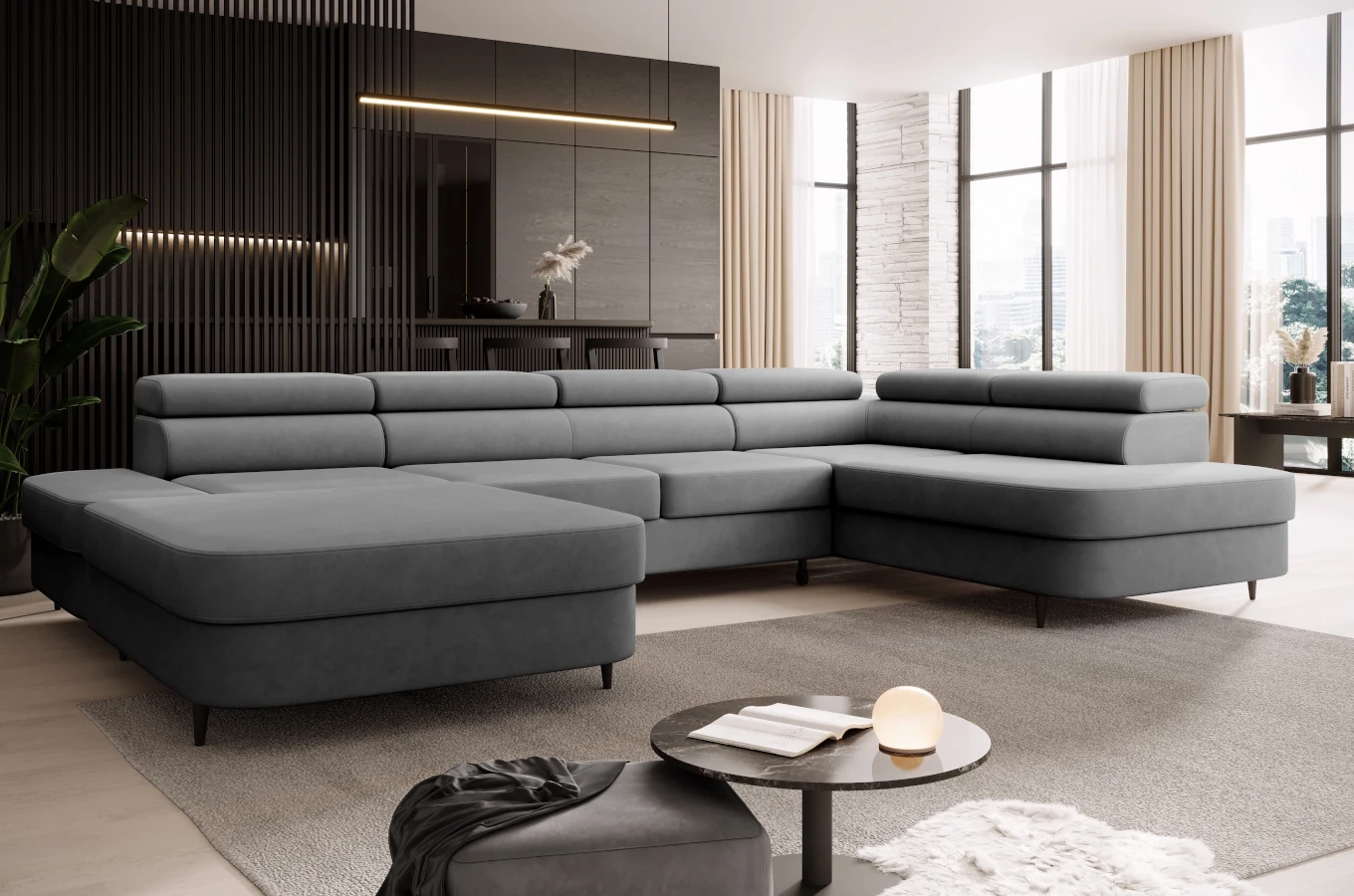 Nowoczesny narożnik TANZANIT U z funkcją spania i pojemnikiem na pościel