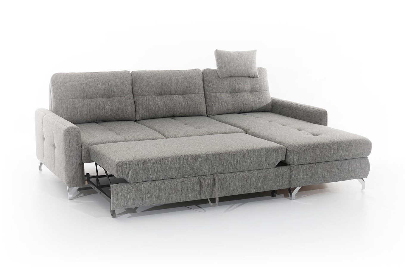 Elegancki tapicerowany narożnik FURLO z funkcją spania i pojemnikiem na pościel