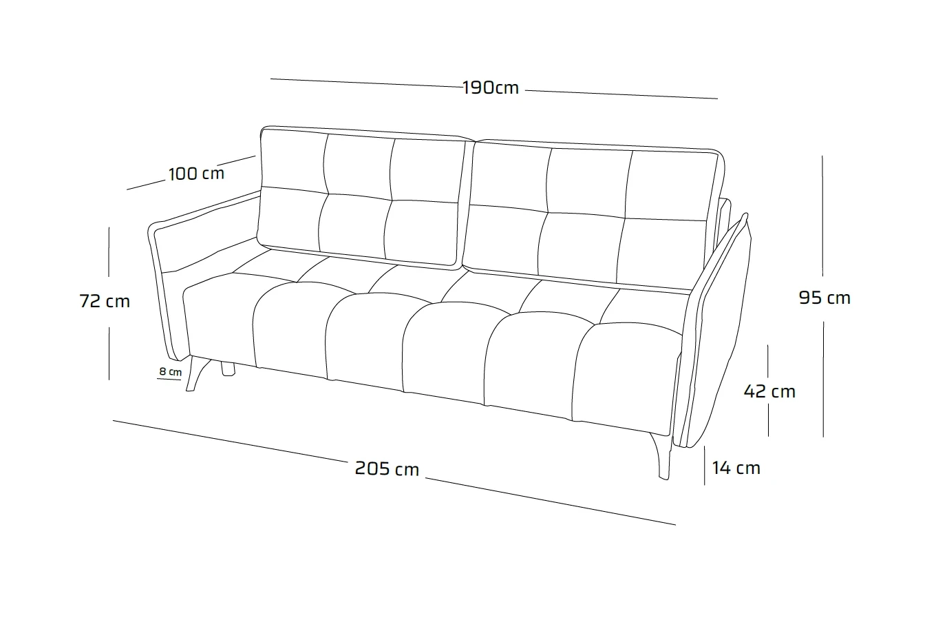 Nowoczesna sofa rozkładana SAMANTA z funkcją spania i pojemnikiem na pościel / szerokość 205 cm