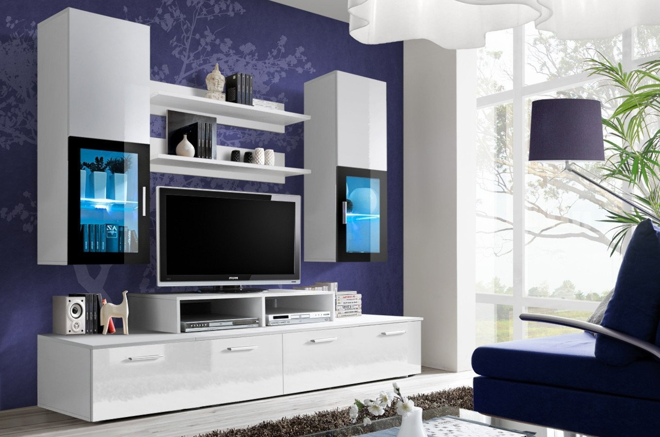 Nowoczesna meblościanka MINI / Korpus czarny mat + Front czarny połysk i czarne szkło