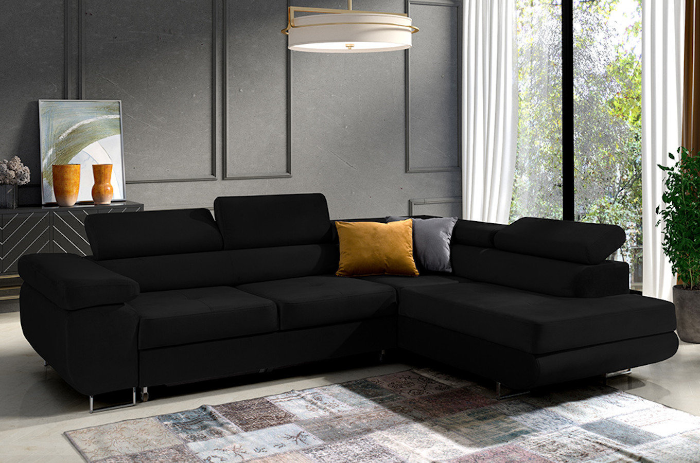 Nowoczesny narożnik DAJTI z funkcją spania, pojemnikiem na pościel oraz regulowanymi zagłówkami