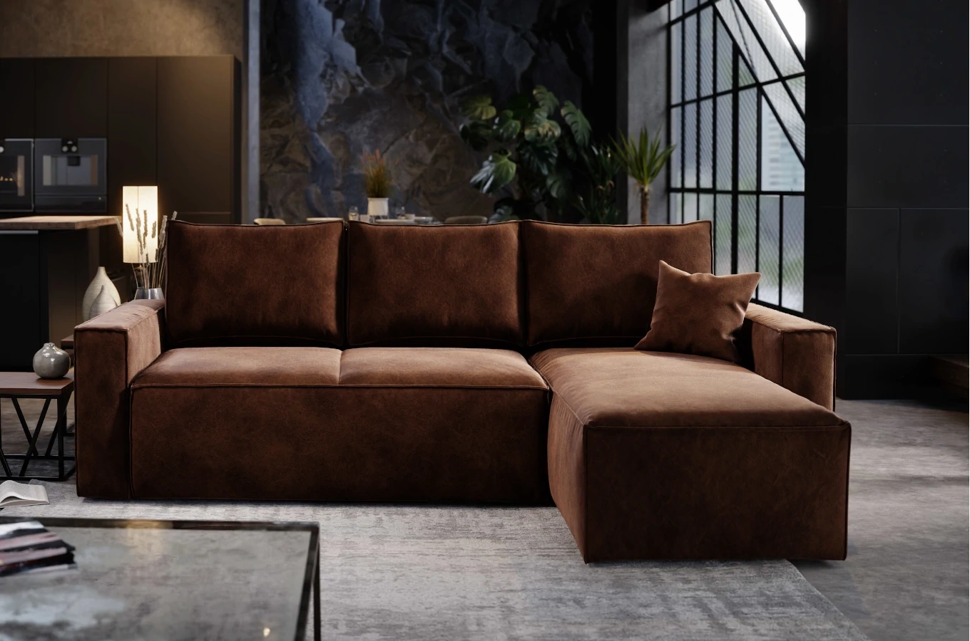 Nowoczesny narożnik MOCCA z funkcją spania i pojemnikiem na pościel