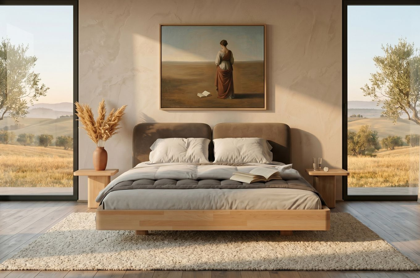 Łóżko lewitujące drewniane bukowe Eyko MAUI / 140x200 cm / kolor naturalny / zagłówek brązowy (Casablanca 228.18/2306)