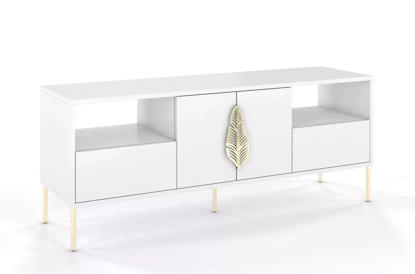 Biała komoda RTV Skandica MERLIN ze złotymi dodatkami / szer. 138 cm