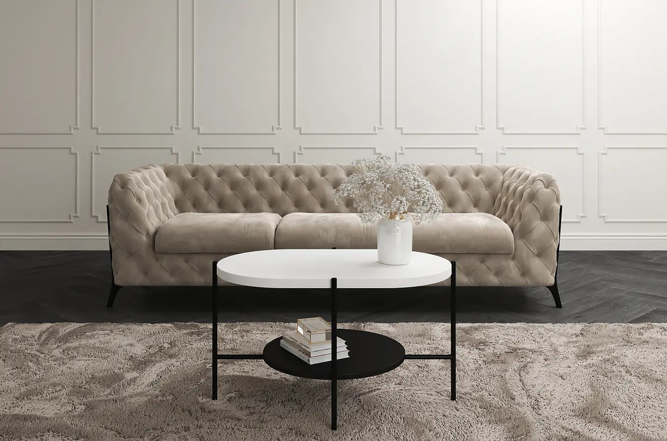 Nowoczesny stolik kawowy Dancan ARENA / czarna podstawa + biały i czarny blat