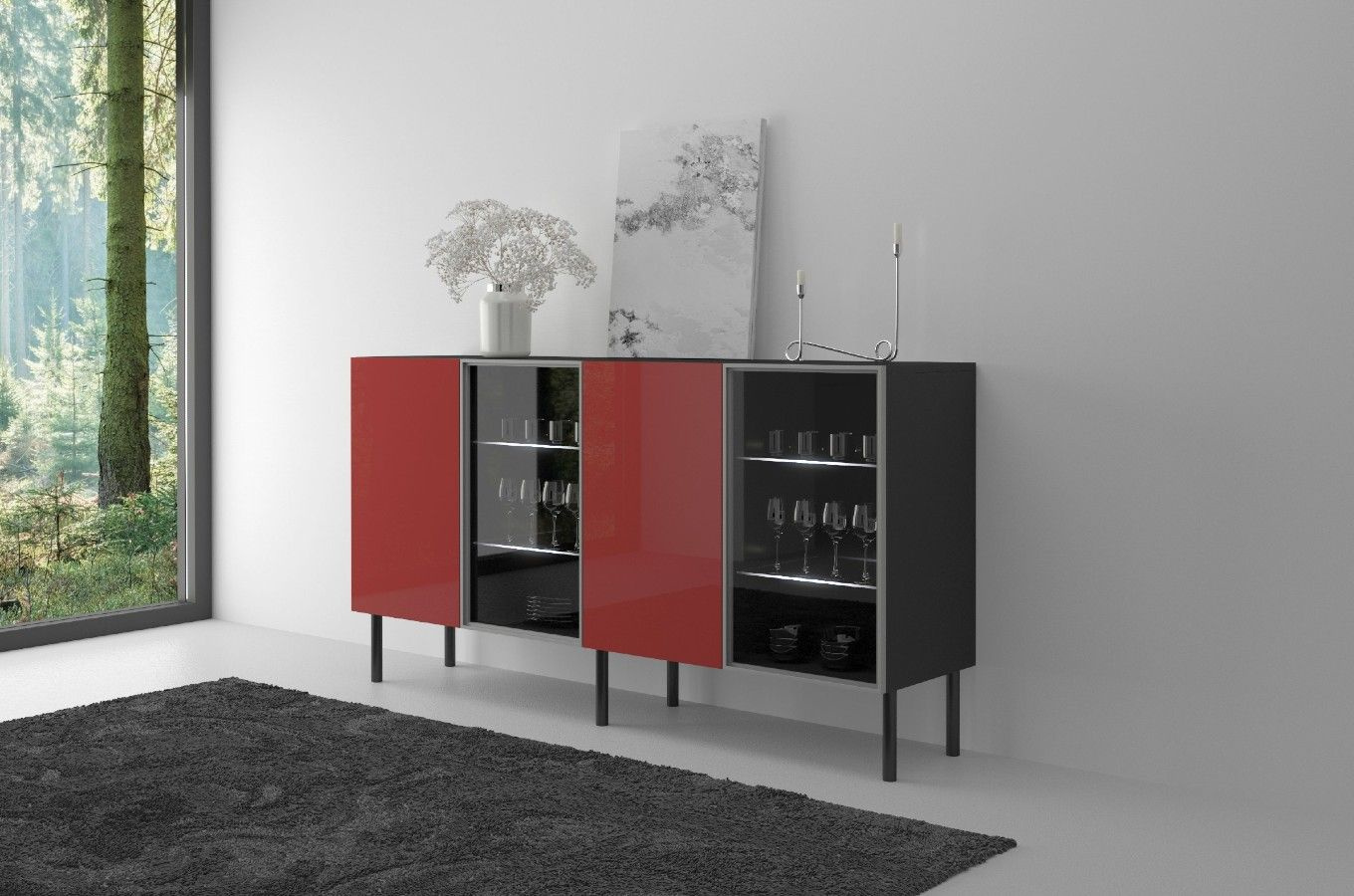Podświetlana komoda witryna połysk Skandica Lilka czarna-czerwona na nóżkach / szer. 138 cm