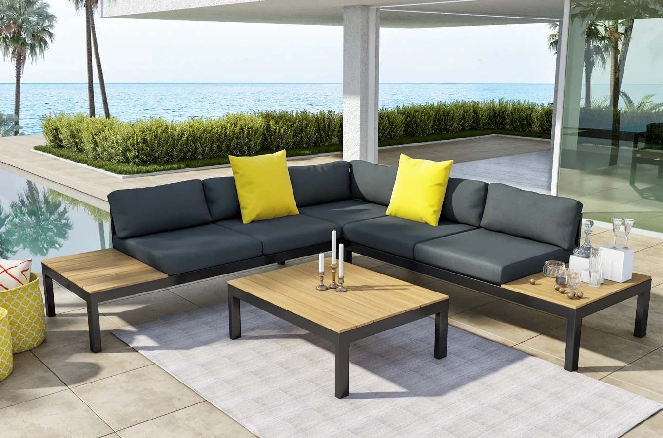 Duży zestaw ogrodowy z czarnego aluminium LAVA / Stół + narożnik