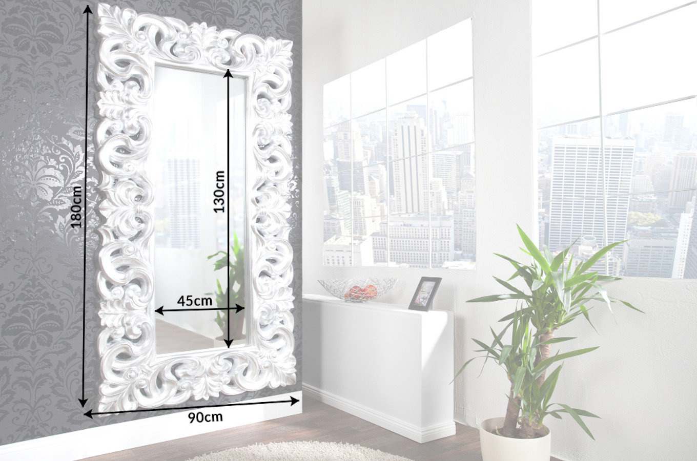 Srebrne lustro VENICE w stylu glamour / 90x180 cm