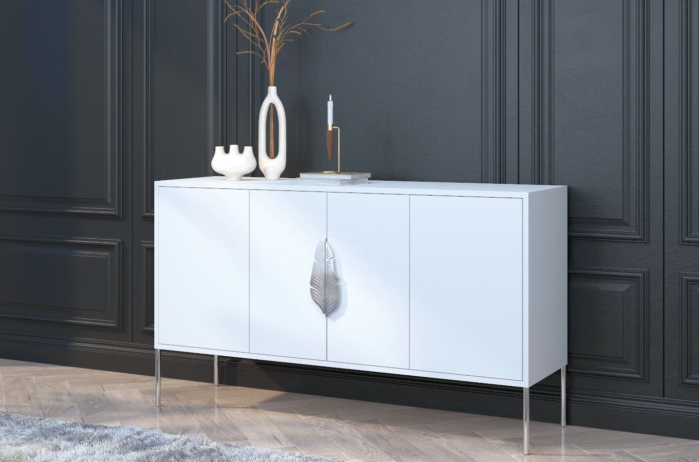 Biała komoda Skandica MERLIN ze srebrnymi dodatkami / szer. 138 cm