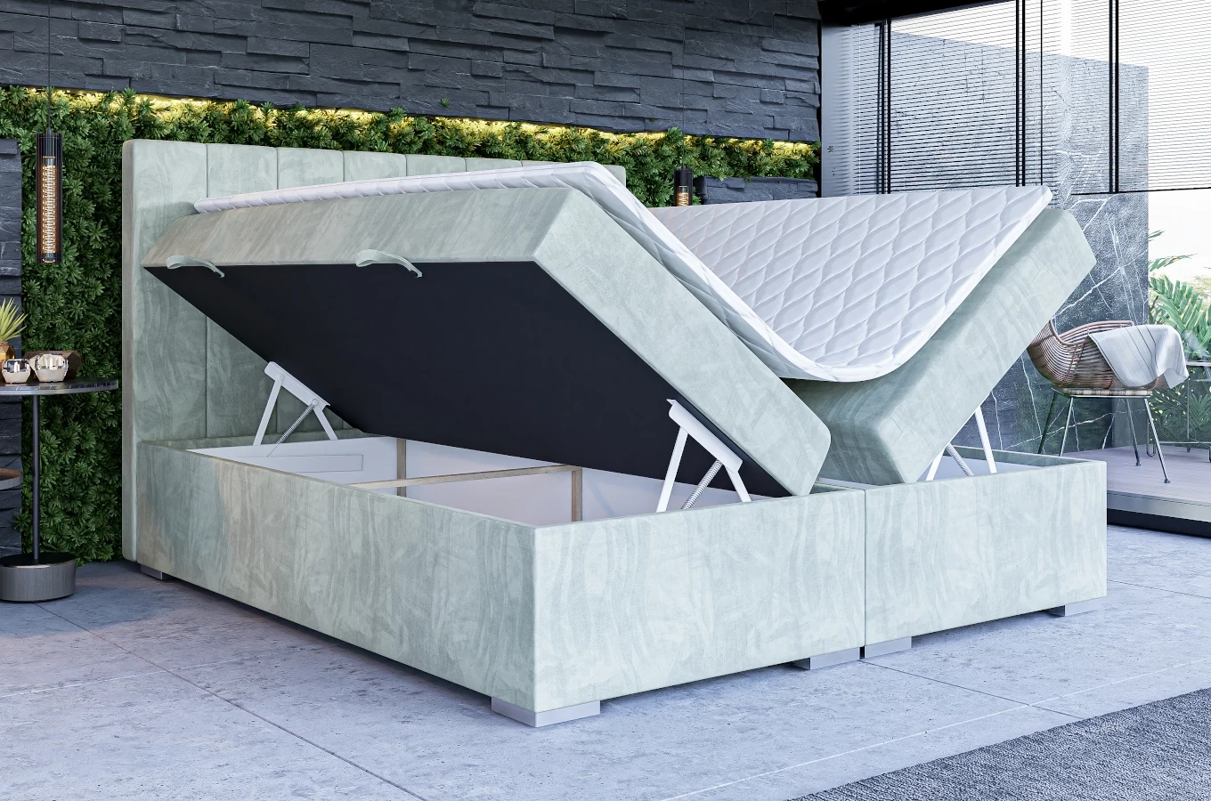 Eleganckie tapicerowane łóżko kontynentalne do sypialni MADAM z pojemnikiem na pościel