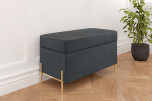 Szara tapicerowana ławka Dancan BORGO z pojemnikiem, na złotych metalowych nogach