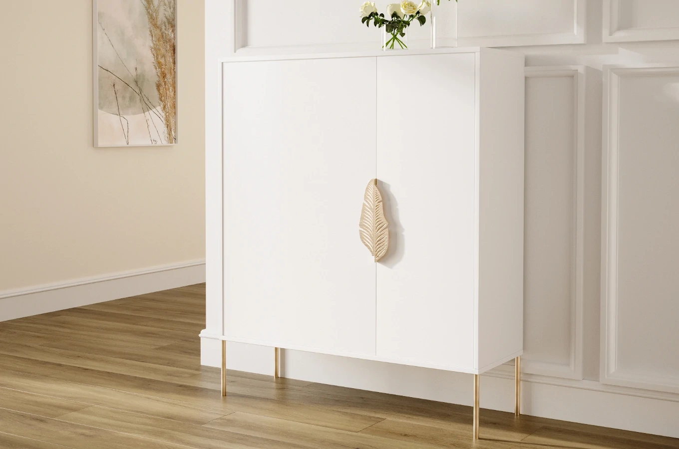 Biała komoda / szafka na buty Skandica MERLIN ze złotymi dodatkami / szer. 100 cm