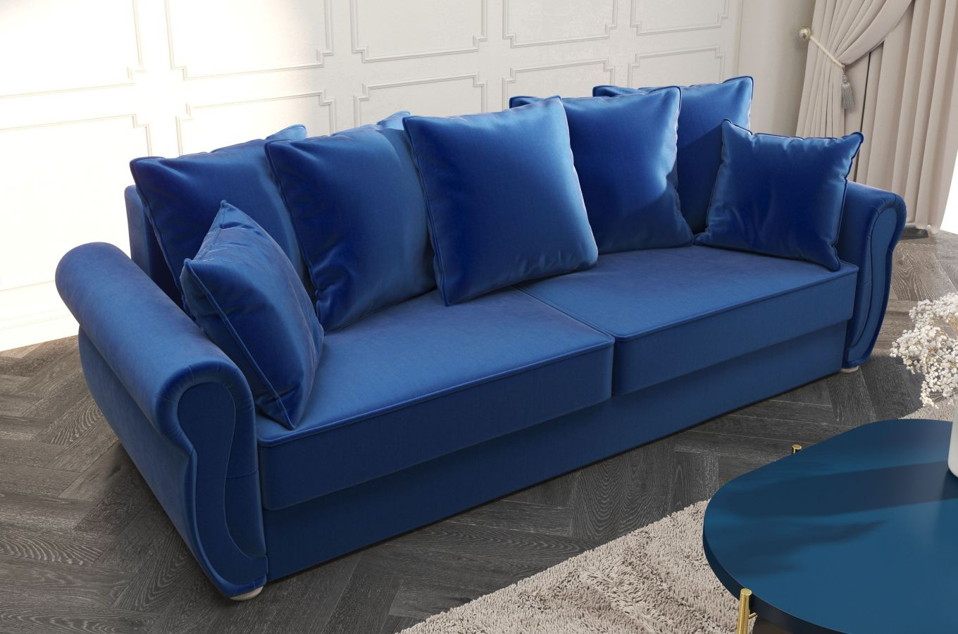 Elegancka 3-osobowa sofa BONA w angielskim stylu z funkcją spania i pojemnikiem na pościel