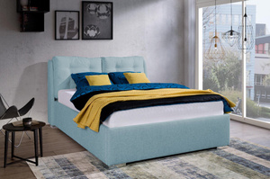 Eleganckie łóżko tapicerowane do sypialni ADRANO z poduszkami na zagłówku