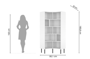 Nowoczesny narożny regał na książki Skandica HORN z czarnymi nogami / biały / szer. 80 cm