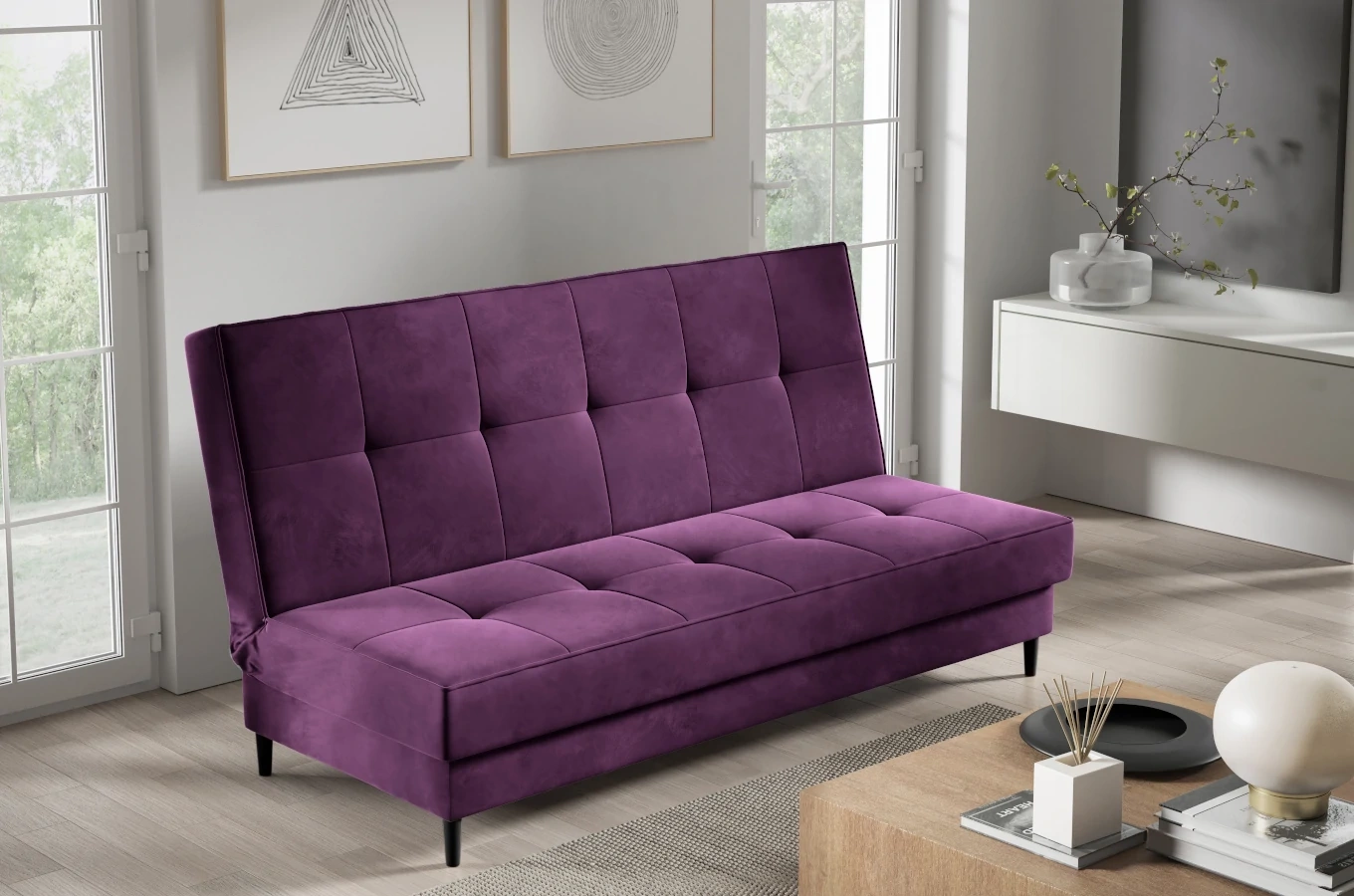 Nowoczesna sofa IRINA w skandynawskim stylu z funkcją spania i pojemnikiem na pościel