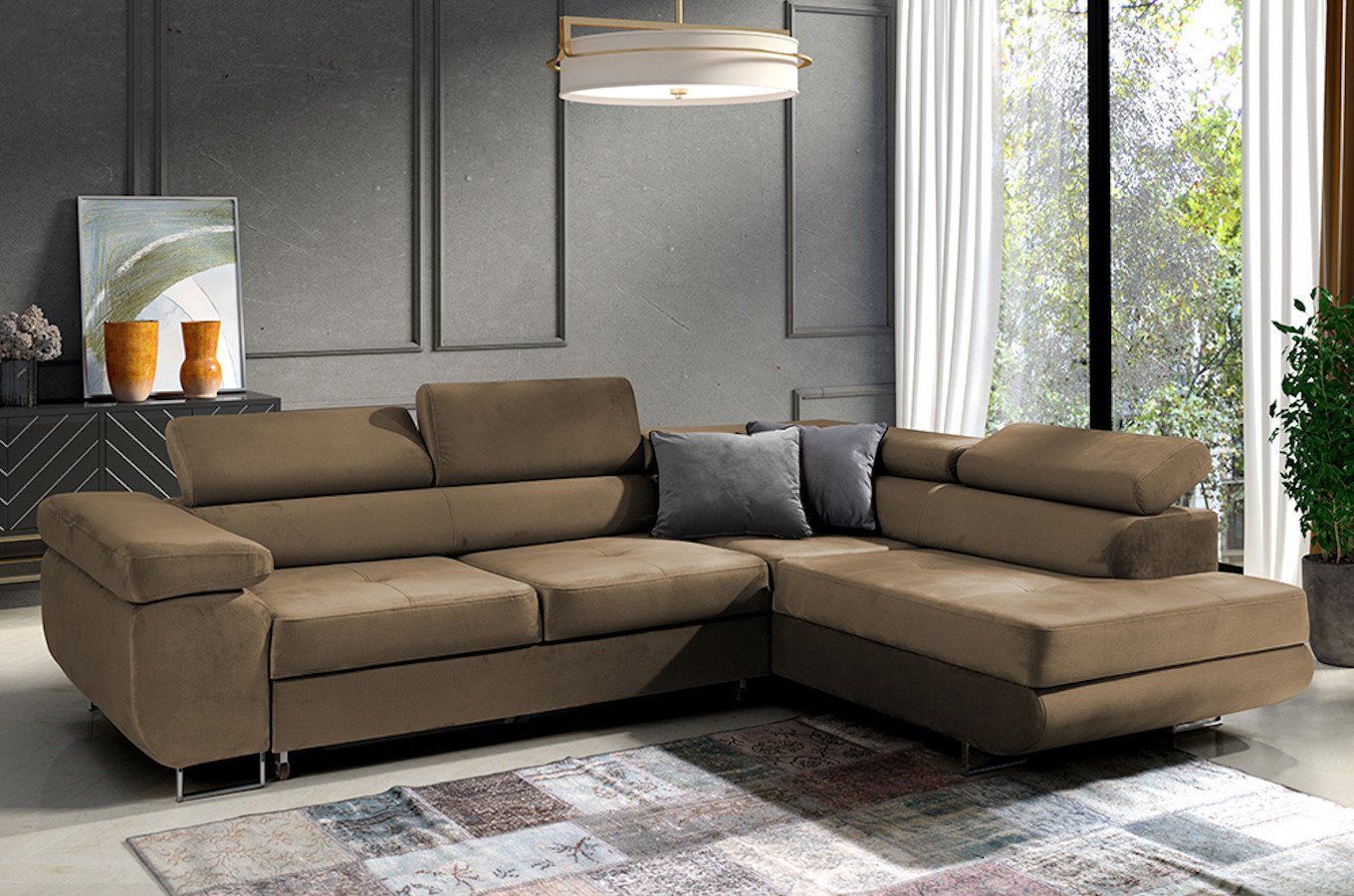 Nowoczesny narożnik DAJTI z funkcją spania, pojemnikiem na pościel oraz regulowanymi zagłówkami