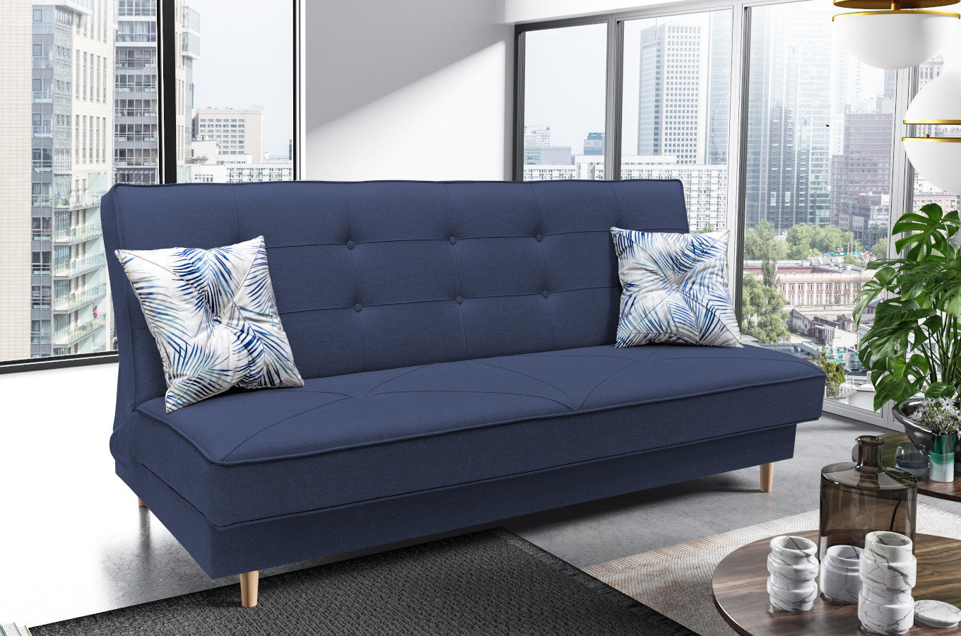 Elegancka sofa IZA w skandynawskim stylu, z funkcją spania i pojemnikiem na pościel