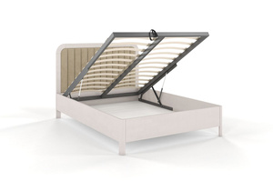 Tapicerowane łóżko drewniane bukowe Visby MODENA BC z wysokim zagłówkiem / 140x200 cm, kolor biały, zagłówek Casablanca 2303 (skrzynia na pościel)