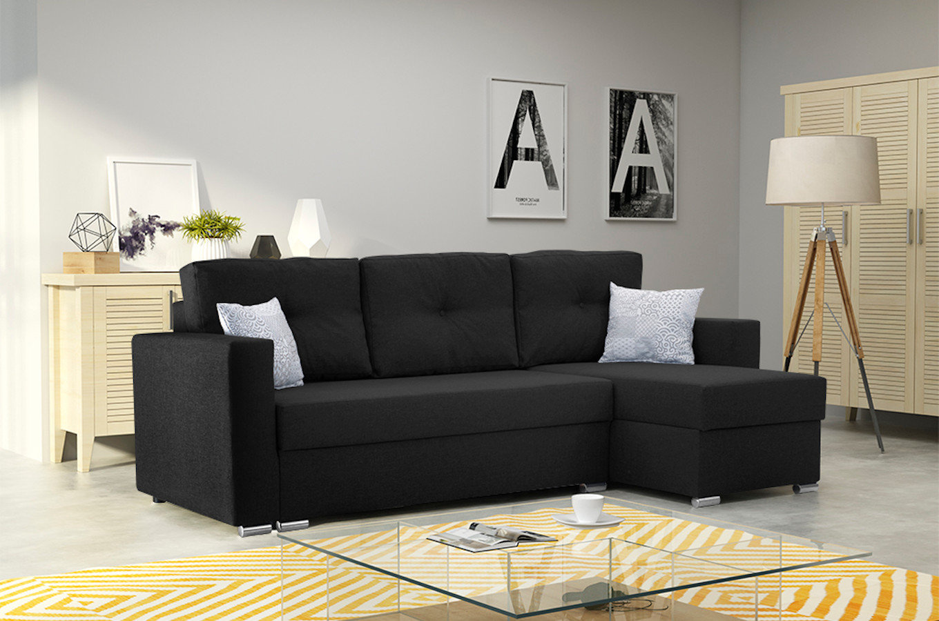 Nowoczesny narożnik ALESIO z funkcją spania i pojemnikiem na pościel