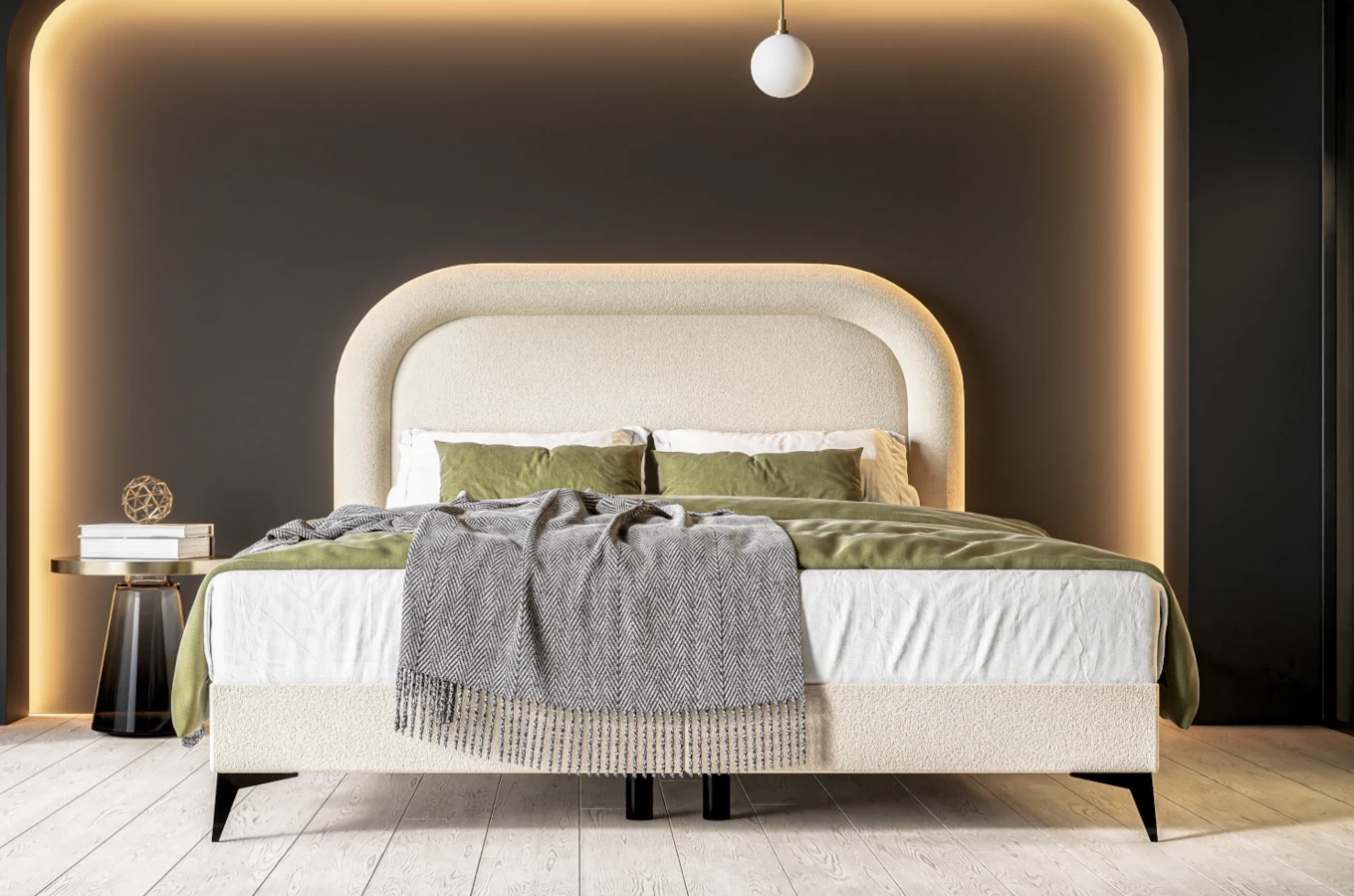 Tapicerowane łóżko kontynentalne DIEGO z półokrągłym zagłówkiem