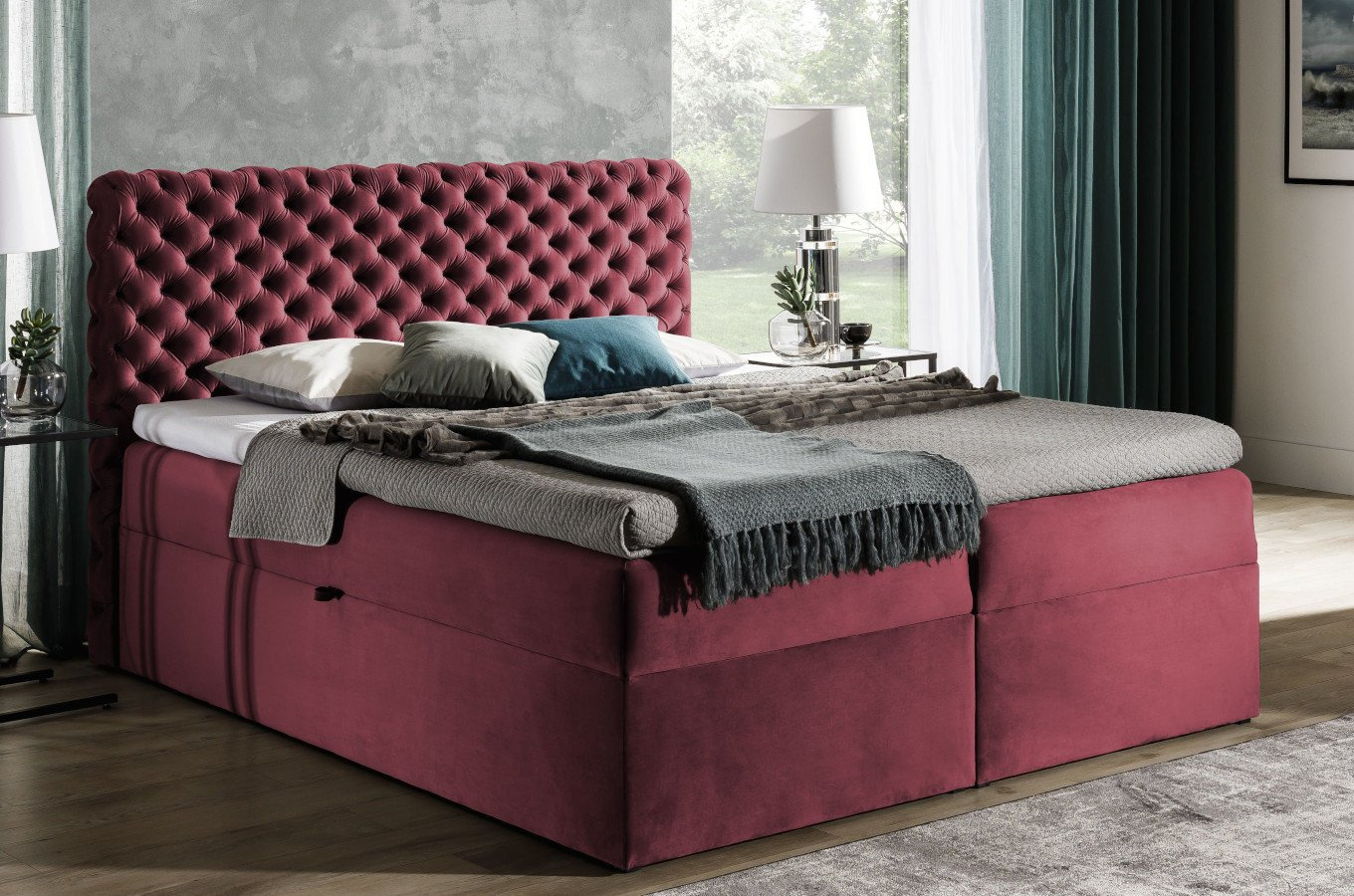 Tapicerowane łóżko kontynentalne GROSSETO z pikowaniem Chesterfield