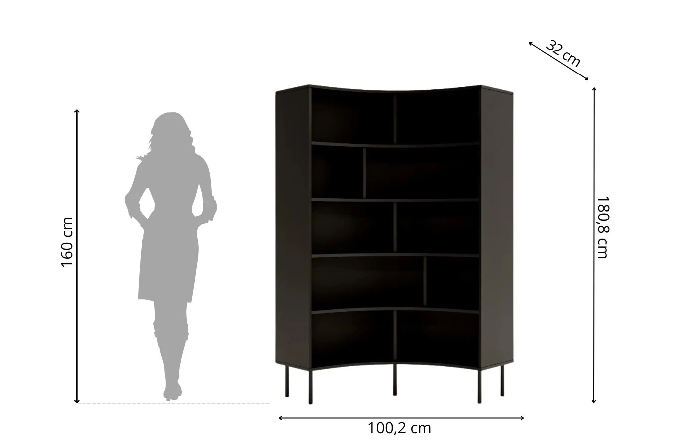 Nowoczesny narożny regał na książki Skandica HORN z czarnymi nogami / czarny / szer. 100 cm