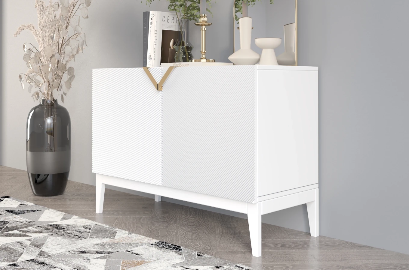 Drewniana komoda Visby DEMI LONG 2D / kolor biały + białe nogi / szer. 100,5 cm