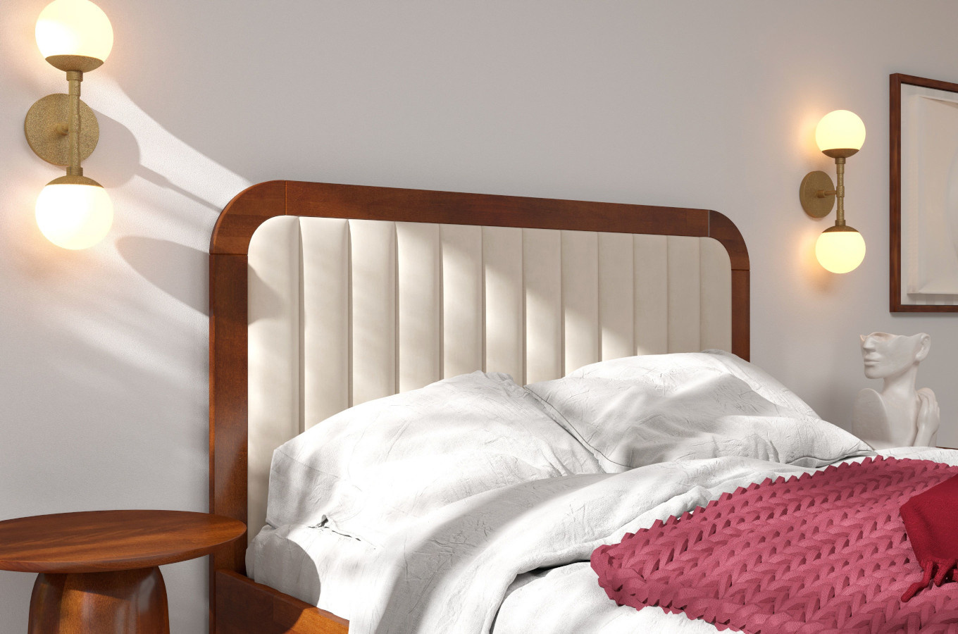 Tapicerowane łóżko drewniane bukowe Visby MODENA BC z wysokim zagłówkiem / 160x200 cm, kolor orzech, zagłówek Casablanca 2301 (skrzynia na pościel)