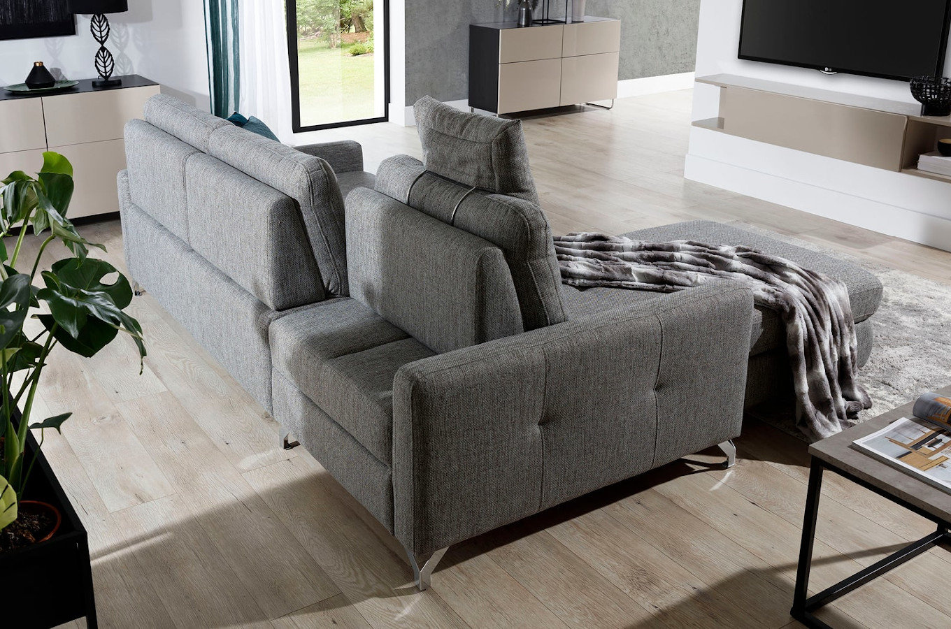 Elegancki tapicerowany narożnik FURLO z funkcją spania i pojemnikiem na pościel