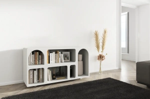 Drewniana komoda - regał - szafka RTV z łukami Visby OLIMPIA LONG / kolor szary mleczny / szer. 140 cm