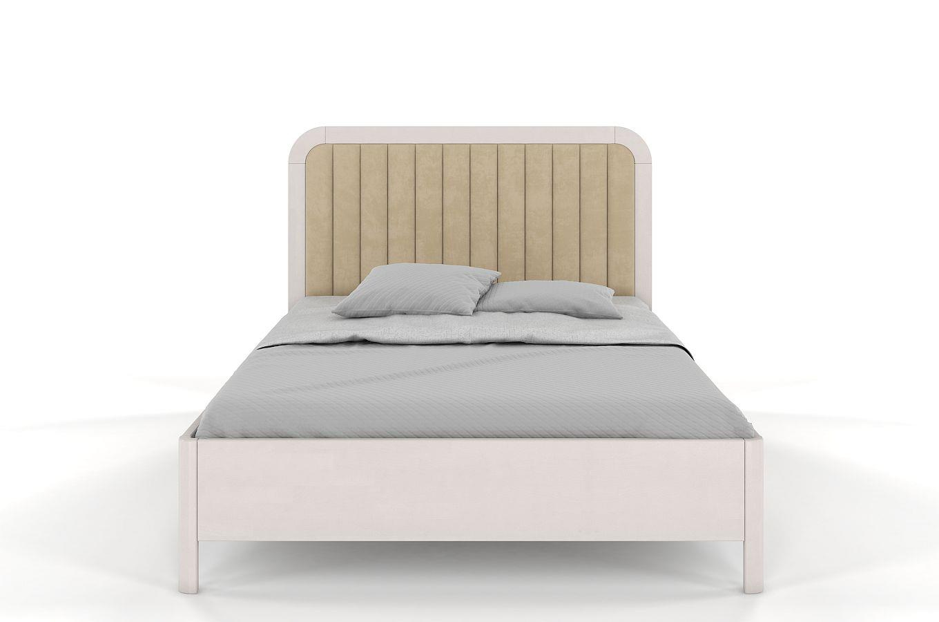 Tapicerowane łóżko drewniane bukowe Visby MODENA BC z wysokim zagłówkiem / 200x200 cm, kolor biały, zagłówek Casablanca 2302 (skrzynia na pościel)