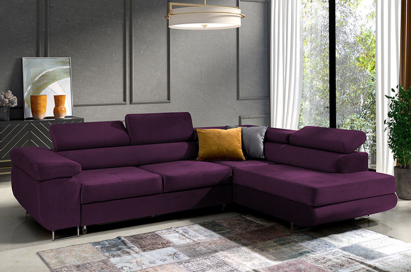 Nowoczesny narożnik DAJTI z funkcją spania, pojemnikiem na pościel oraz regulowanymi zagłówkami