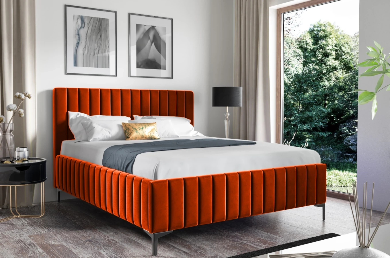 Eleganckie tapicerowane łóżko KORNELIA na metalowych nogach