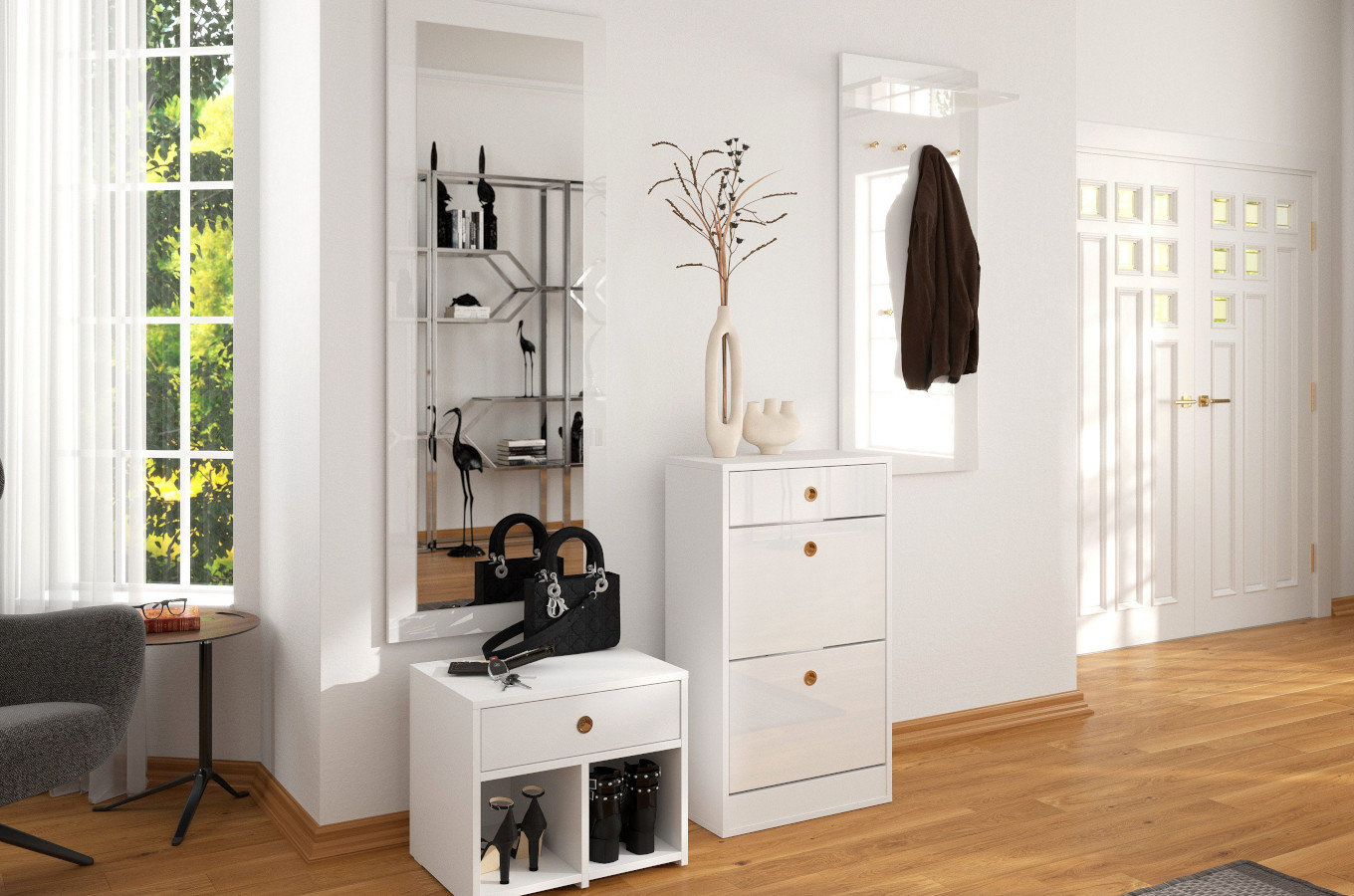 Biała szafka - siedzisko z półkami i szufladą Dancan MIRAGE wysoki połysk / szer. 54 cm