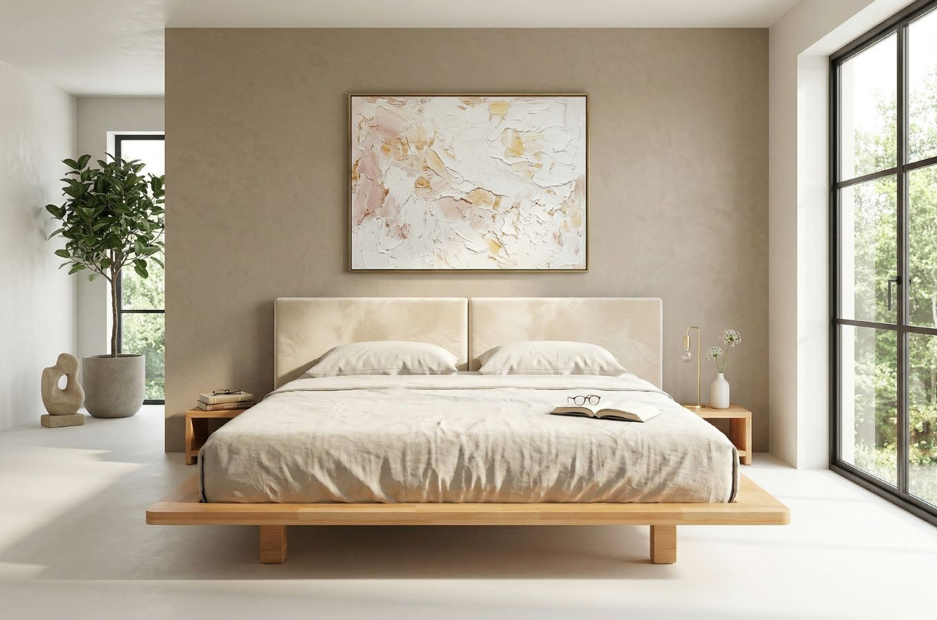Łóżko lewitujące drewniane bukowe Eyko HVAR / 180x200 cm / kolor naturalny / zagłówek ecru (Casablanca 228.02/2301)