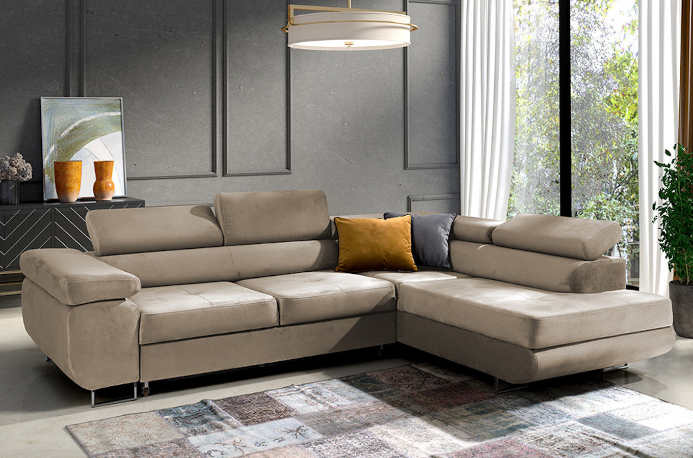 Nowoczesny narożnik DAJTI z funkcją spania, pojemnikiem na pościel oraz regulowanymi zagłówkami