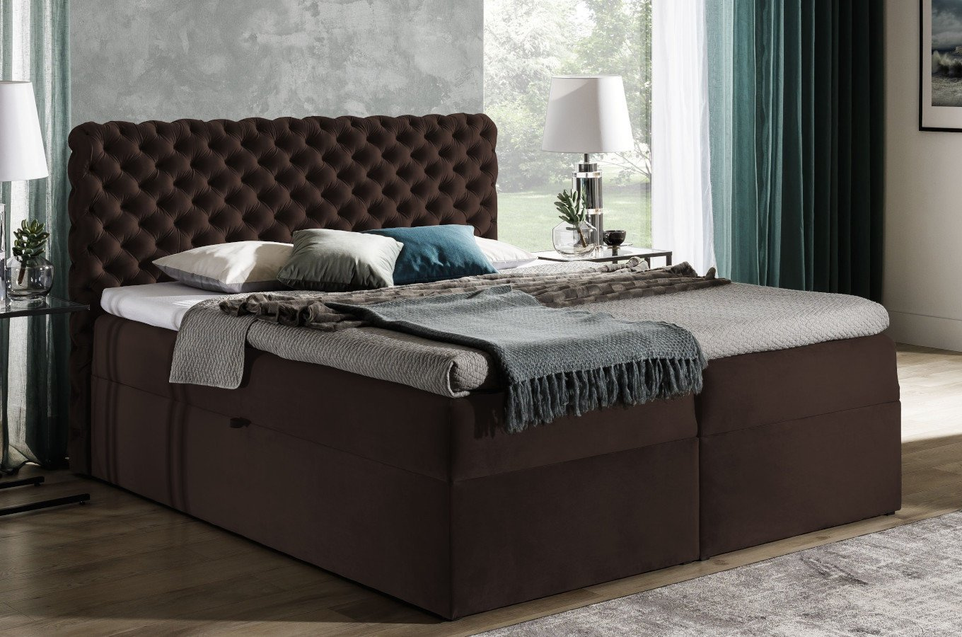 Tapicerowane łóżko kontynentalne GROSSETO z pikowaniem Chesterfield